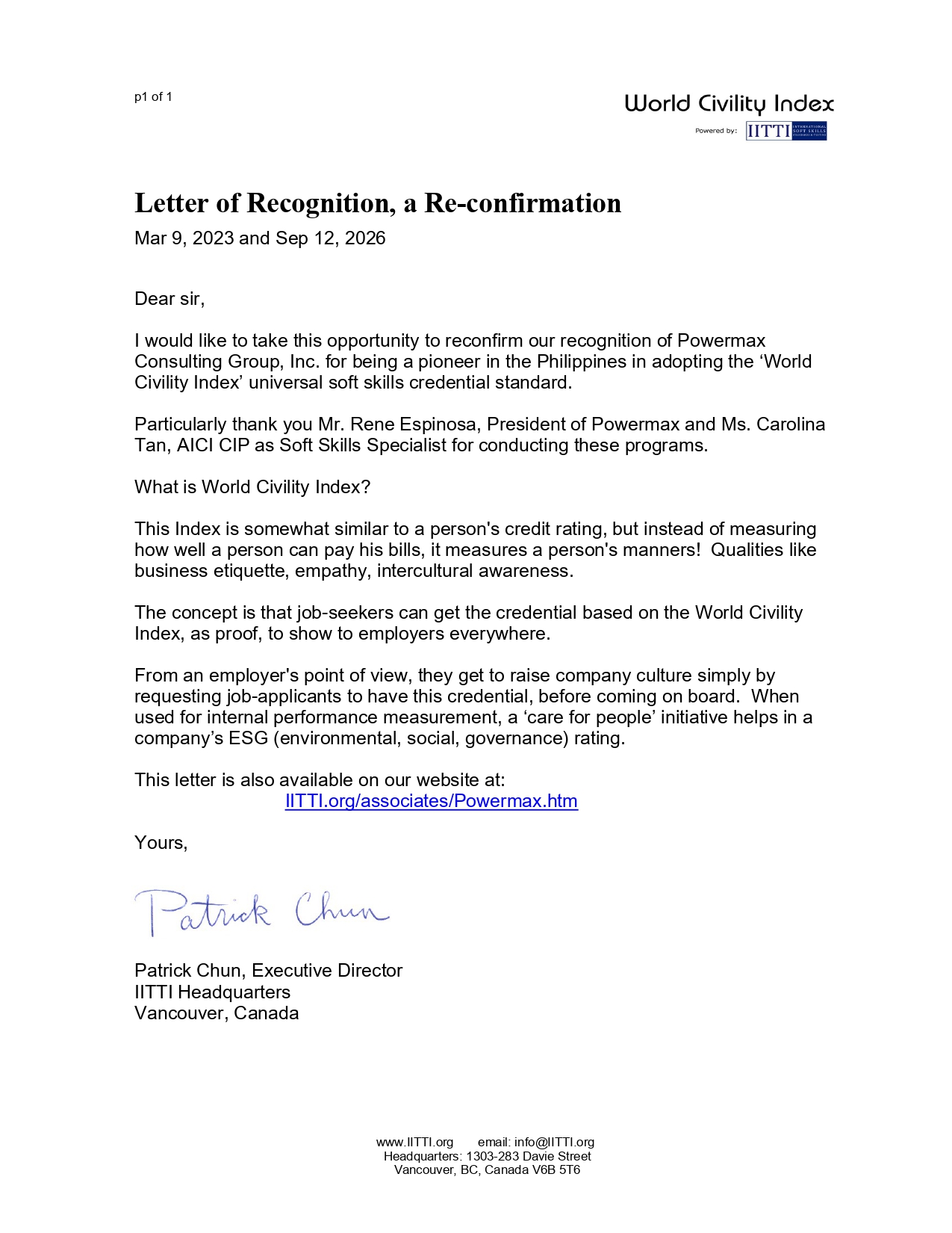 IITTI Letter of Recognition